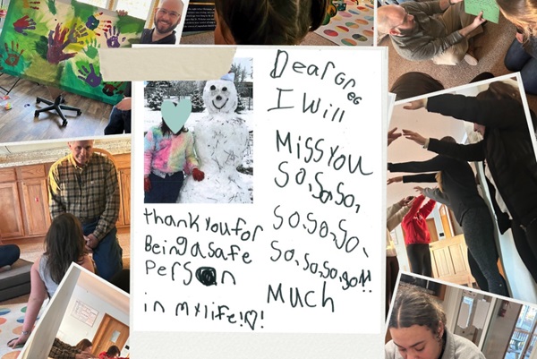 Collage of people, handwritten note, and snowman.