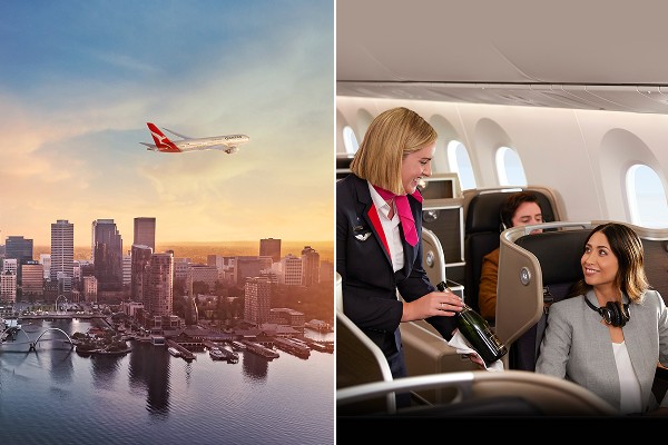 Airplane flying over city; inflight service in cabin.