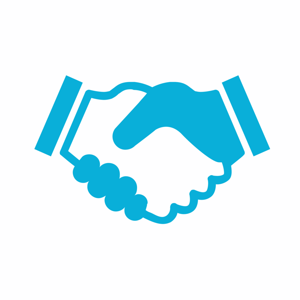 Blue handshake icon on black background.