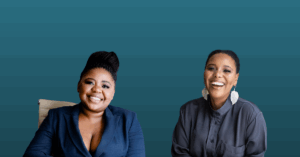 Two women smiling against a teal background.