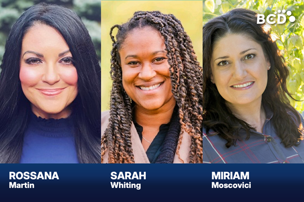 Three smiling women, outdoor portraits with names displayed.