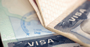 Close-up of visa pages in passport